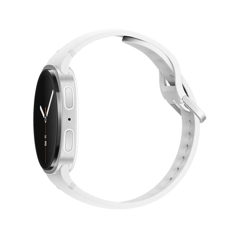 نمای کناری ساعت سامسونگ Galaxy Watch8 سفید با بند سیلیکونی