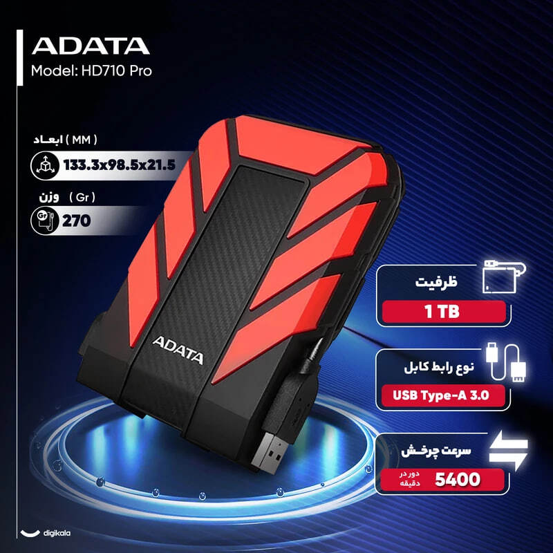 هارد اکسترنال ای دیتا مدل HD710 Pro ظرفیت 1 ترابایت با استاندارد ارتباطی USB 3.2 Gen1 نمای کناری