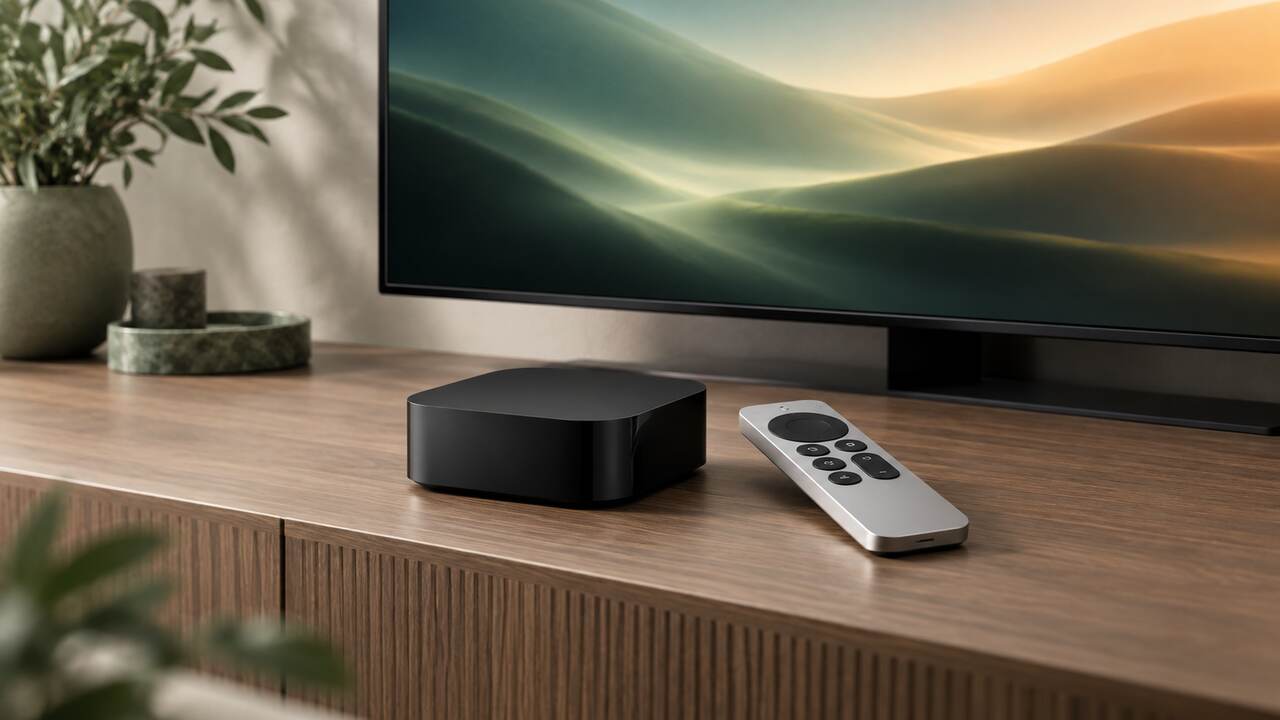 نمای مفهومی دستگاه پخش 4K مشکی و ریموت نقرهای مقابل تلویزیون