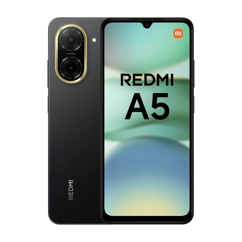 گوشی موبایل شیائومی مدل Redmi A5 دو سیم کارت ظرفیت 64 گیگابایت و رم 3 گیگابایت رنگ مشکی نمای پشت و روی گوشی