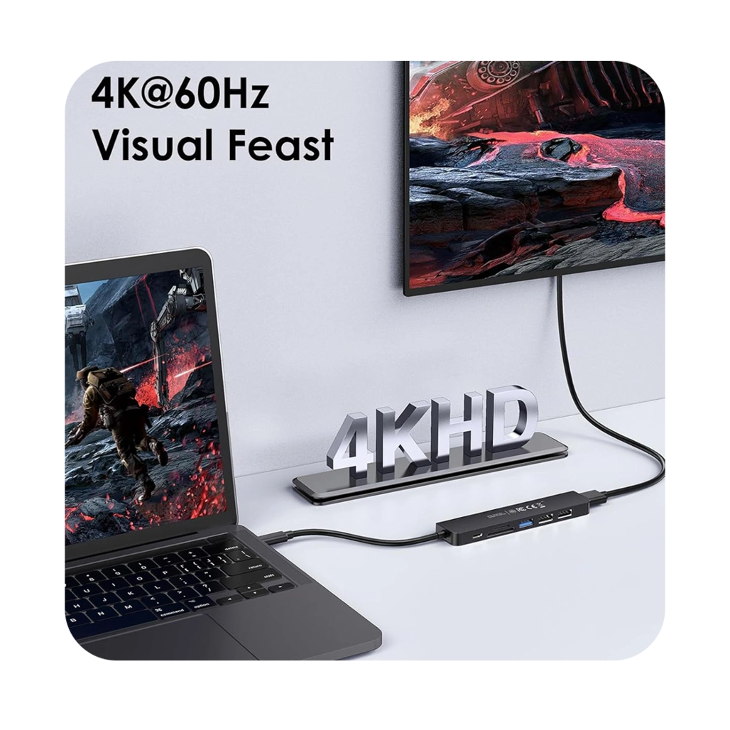  هاب هفت پورت USB-C لنشن مدل CE18P در حال ایتفاده کنار مک بوک 