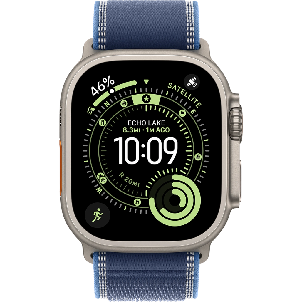 اپل واچ اولترا نسل 3 تیتانیومی نچرال با بند ترایل آبی/ آبی روشن از نمای روبرو