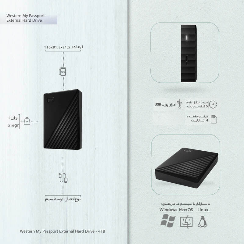 هارد اکسترنال قابل حمل ۲ ترابایت وسترن دیجیتال مدل My Passport با استاندارد USB 3.1 Gen1 عکس جعبه محصول