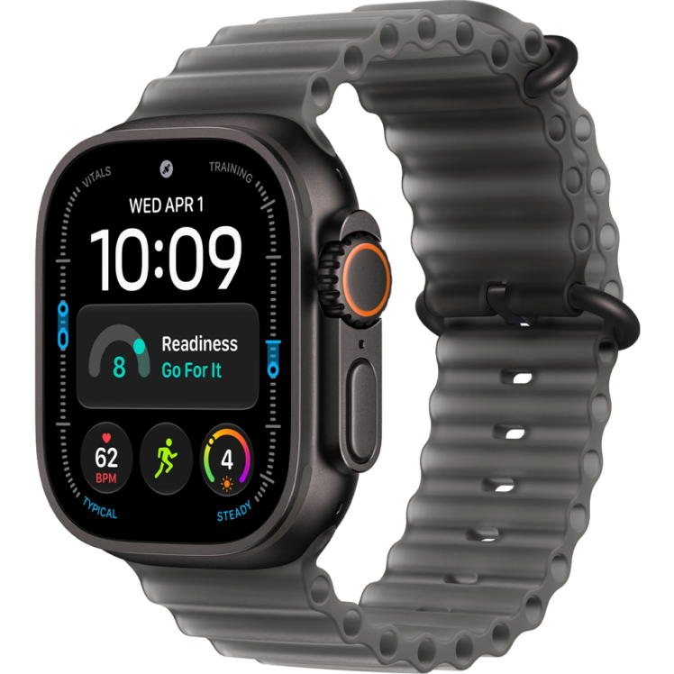 اپل واچ اولترا نسل 4 تیتانیومی مشکی 49 میلی‌متری با بند اوشن ترنسلوسنت بلک - نمای سه‌رخ ساعت و بند