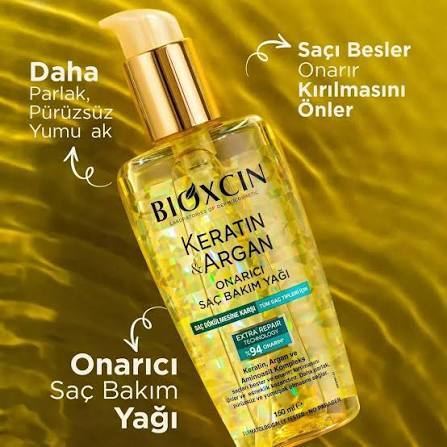  روغن آرگان تقویت کننده مو بیوکسین مدل Keratin مناسب برای انواع مو حجم 150 میلی‌لیتر ظرف محصول از روبرو 