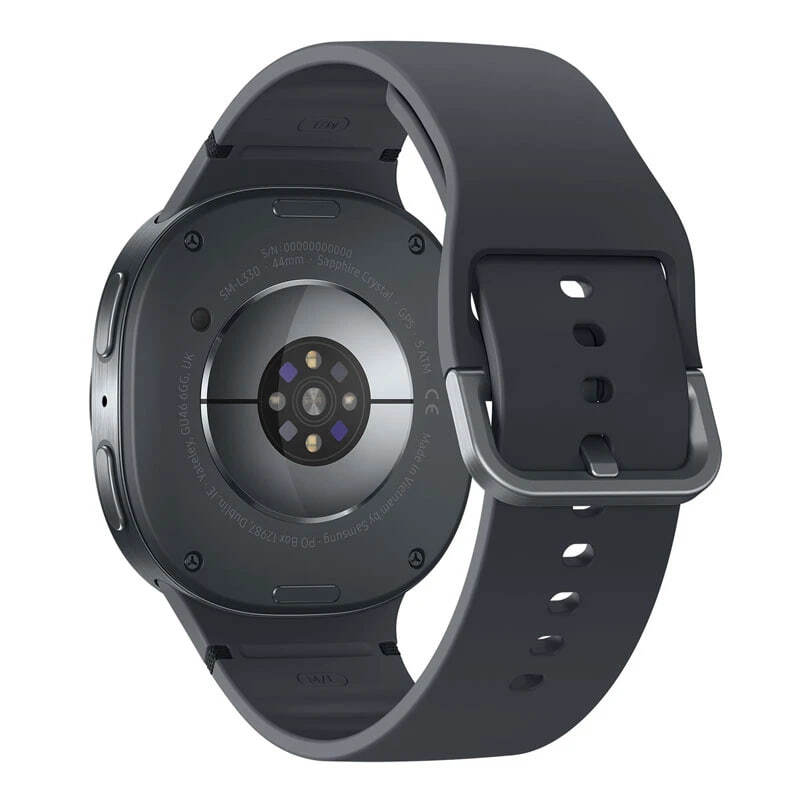 نمای پشت ساعت Galaxy Watch8 مشکی با حسگرهای پایش سلامت