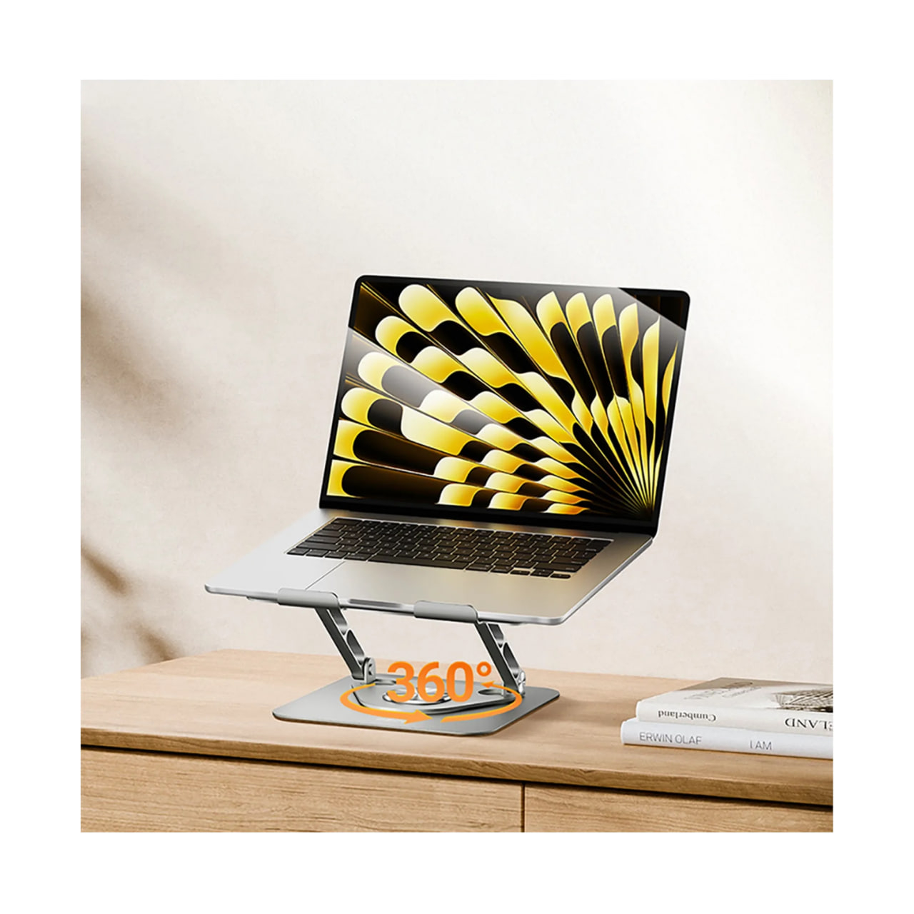 پایه نگهدارنده رومیزی لپ تاپ و مک بوک رسی مدل RHO-M25 چرخشی 360 درجه نما از روبروی روی میز