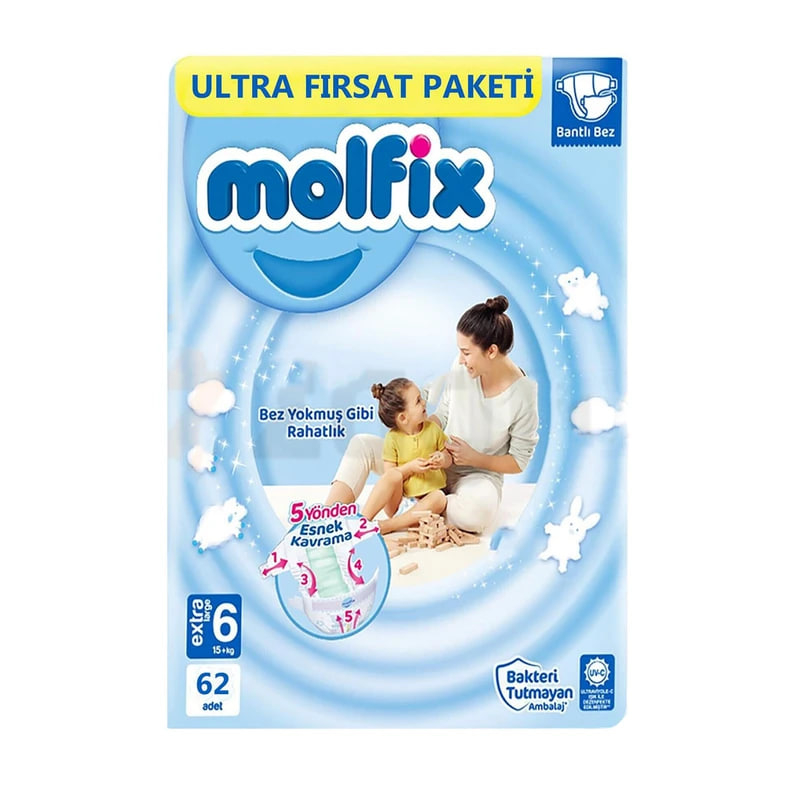 پوشک کودک مولفیکس مدل Ultra Firsat paketi سایز 6 بسته 62 عددی مدل اقتصادی بصرفه